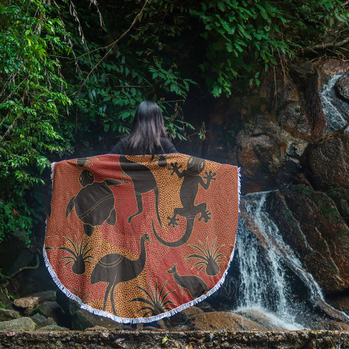 Australia Aboriginal Beach Blanket - Aboriginal Dot Art With Animals Beach Blanket Australia Aboriginal Beach Blanket - Aboriginal Dot Art With Animals Beach Blanket