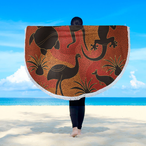 Australia Aboriginal Beach Blanket - Aboriginal Dot Art With Animals Beach Blanket Australia Aboriginal Beach Blanket - Aboriginal Dot Art With Animals Beach Blanket