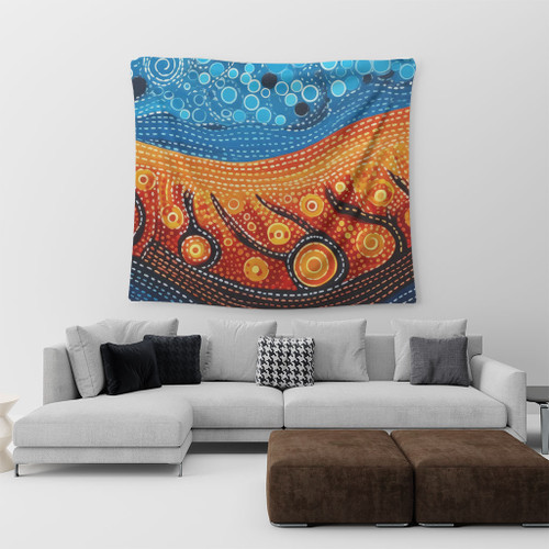 Australia Dreaming Aboriginal Tapestry - Aboriginal Culture Indigenous River Dot Painting Art Inspired Tapestry Australia Dreaming Aboriginal Tapestry - Aboriginal Culture Indigenous River Dot Painting Art Inspired Tapestry
