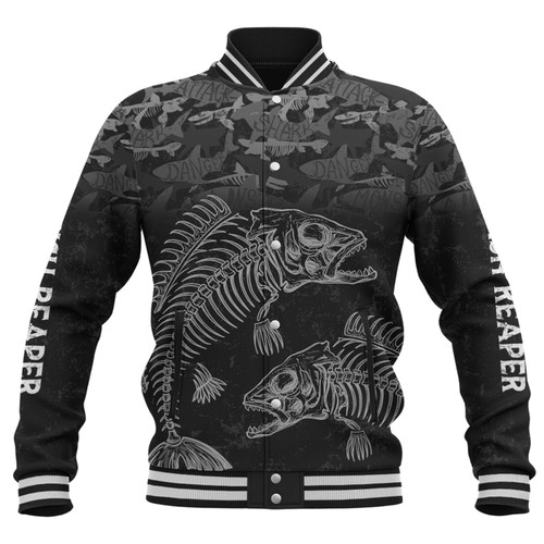 Australia Fishing Custom Baseball Jacket - Fish Reaper Fish Skeleton Grey Baseball Jacket