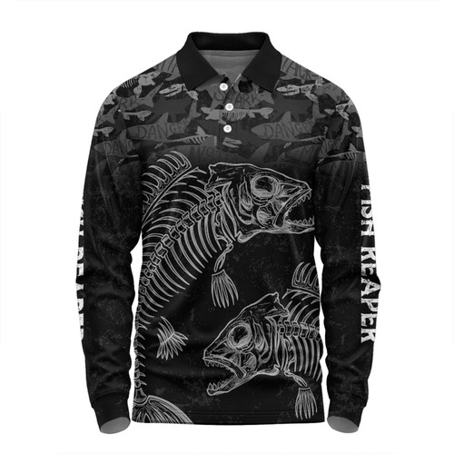 Australia Fishing Custom Long Sleeve Polo Shirt - Fish Reaper Fish Skeleton Grey Long Sleeve Polo Shirt