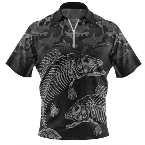 Australia Fishing Custom Zip Polo Shirt - Fish Reaper Fish Skeleton Grey Zip Polo Shirt