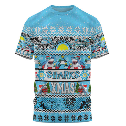 Cronulla-Sutherland Sharks Christmas Aboriginal Custom T-shirt - Indigenous Knitted Ugly Xmas Style T-shirt