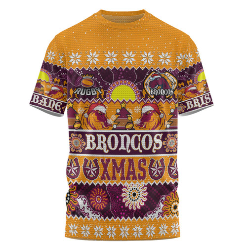 Brisbane Broncos Christmas Aboriginal Custom T-shirt - Indigenous Knitted Ugly Xmas Style T-shirt