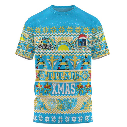 Gold Coast Titans Christmas Aboriginal Custom T-shirt - Indigenous Knitted Ugly Xmas Style T-shirt
