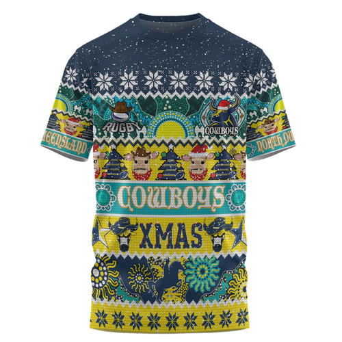 North Queensland Cowboys Christmas Aboriginal Custom T-shirt - Indigenous Knitted Ugly Xmas Style T-shirt