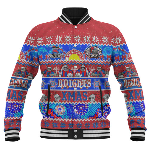 Newcastle Knights Christmas Aboriginal Custom Baseball Jacket - Indigenous Knitted Ugly Xmas Style Baseball Jacket