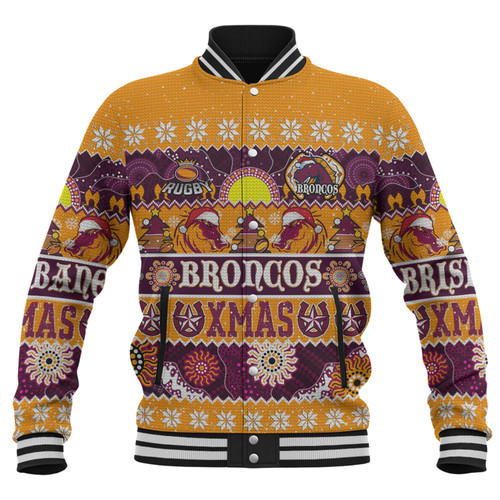 Brisbane Broncos Christmas Aboriginal Custom Baseball Jacket - Indigenous Knitted Ugly Xmas Style Baseball Jacket