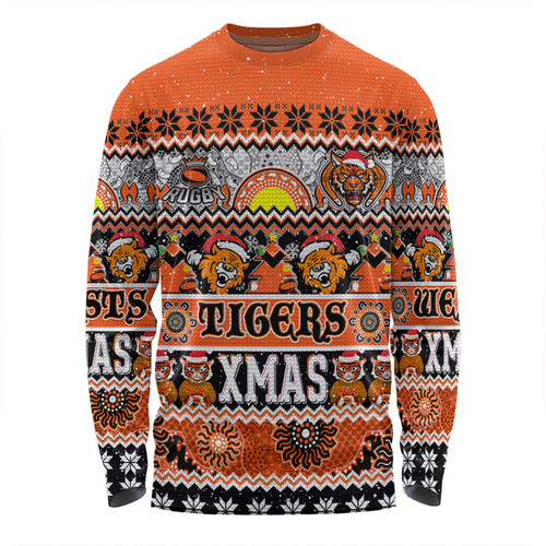 Wests Tigers Christmas Aboriginal Custom Long Sleeve T-shirt - Indigenous Knitted Ugly Xmas Style Long Sleeve T-shirt