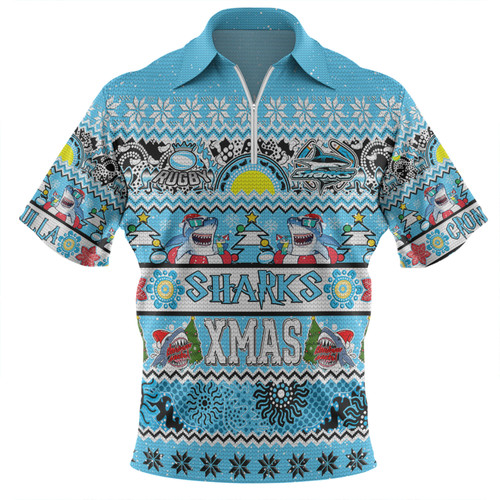 Cronulla-Sutherland Sharks Christmas Aboriginal Custom Zip Polo Shirt - Indigenous Knitted Ugly Xmas Style Zip Polo Shirt