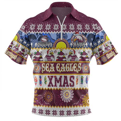 Manly Warringah Sea Eagles Christmas Aboriginal Custom Zip Polo Shirt - Indigenous Knitted Ugly Xmas Style Zip Polo Shirt