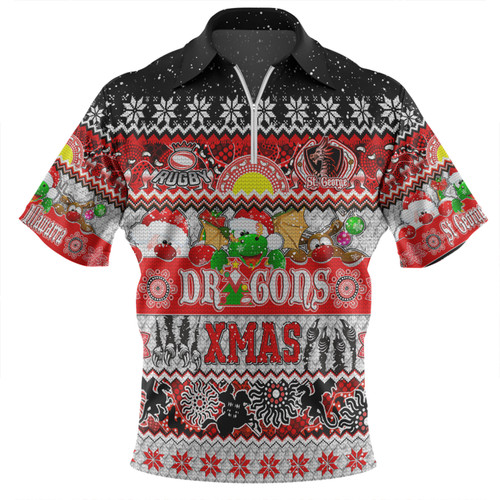 St. George Illawarra Dragons Christmas Aboriginal Custom Zip Polo Shirt - Indigenous Knitted Ugly Xmas Style Zip Polo Shirt