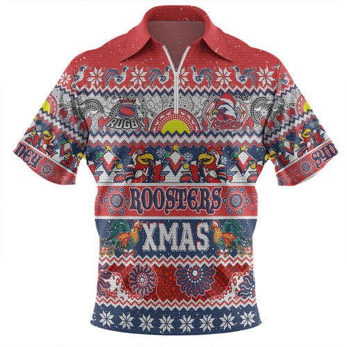 Sydney Roosters Christmas Aboriginal Custom Zip Polo Shirt - Indigenous Knitted Ugly Xmas Style Zip Polo Shirt