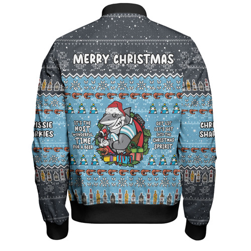Cronulla-Sutherland Sharks Christmas Custom Bomber Jacket - Chrissie Spirit Bomber Jacket Cronulla-Sutherland Sharks Christmas Custom Bomber Jacket - Chrissie Spirit Bomber Jacket