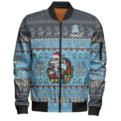Cronulla-Sutherland Sharks Christmas Custom Bomber Jacket - Chrissie Spirit Bomber Jacket Cronulla-Sutherland Sharks Christmas Custom Bomber Jacket - Chrissie Spirit Bomber Jacket