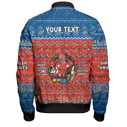 Newcastle Knights Christmas Custom Bomber Jacket - Chrissie Spirit Bomber Jacket Newcastle Knights Christmas Custom Bomber Jacket - Chrissie Spirit Bomber Jacket