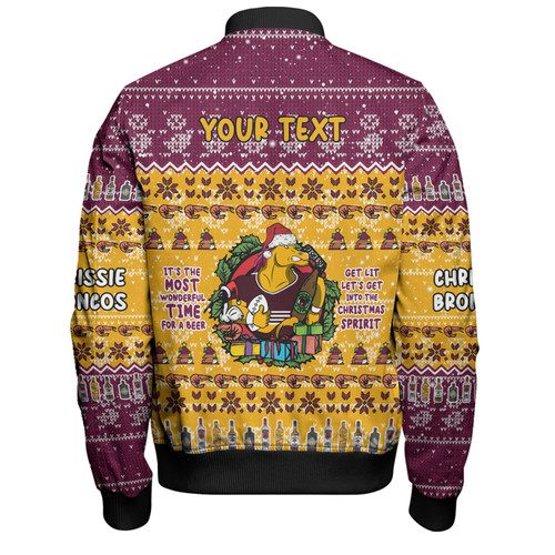 Brisbane Broncos Christmas Custom Bomber Jacket - Chrissie Spirit Bomber Jacket Brisbane Broncos Christmas Custom Bomber Jacket - Chrissie Spirit Bomber Jacket