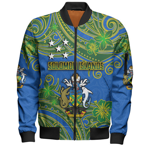 Australia  South Sea Islanders Bomber Jacket - Solomon Islands Symbol In Polynesian Patterns With Tropical Flowers Style Bomber Jacket