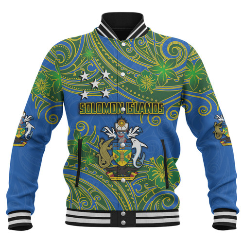 Australia  South Sea Islanders Baseball Jacket - Solomon Islands Symbol In Polynesian Patterns With Tropical Flowers Style Baseball Jacket