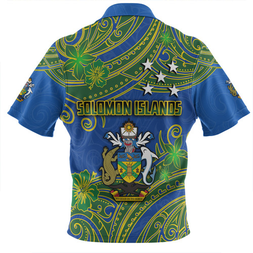 Australia  South Sea Islanders Zip Polo Shirt - Solomon Islands Symbol In Polynesian Patterns With Tropical Flowers Style Zip Polo Shirt Australia  South Sea Islanders Zip Polo Shirt - Solomon Islands Symbol In Polynesian Patterns With Tropical Flowers Style Zip Polo Shirt
