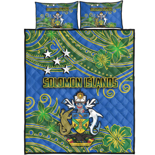 Australia  South Sea Islanders Quilt Bed Set - Solomon Islands Symbol In Polynesian Patterns With Tropical Flowers Style Quilt Bed Set Australia  South Sea Islanders Quilt Bed Set - Solomon Islands Symbol In Polynesian Patterns With Tropical Flowers Style Quilt Bed Set