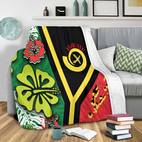 Australia  South Sea Islanders Blanket - Vanuatu Flag With Habiscus Flowers Blanket Australia  South Sea Islanders Blanket - Vanuatu Flag With Habiscus Flowers Blanket
