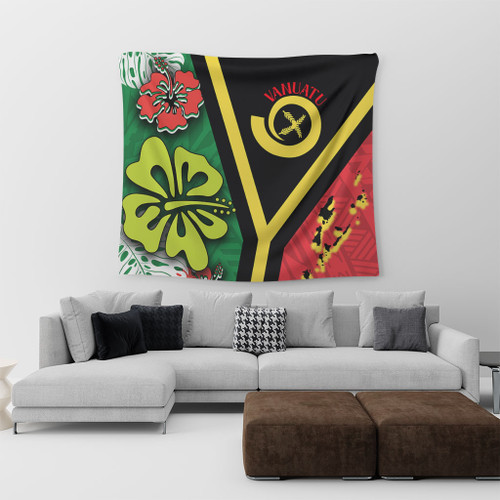 Australia  South Sea Islanders Tapestry - Vanuatu Flag With Habiscus Flowers Tapestry Australia  South Sea Islanders Tapestry - Vanuatu Flag With Habiscus Flowers Tapestry