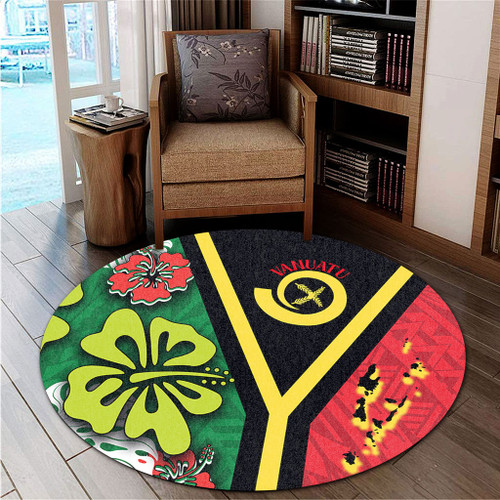 Australia  South Sea Islanders Round Rug - Vanuatu Flag With Habiscus Flowers Round Rug Australia  South Sea Islanders Round Rug - Vanuatu Flag With Habiscus Flowers Round Rug