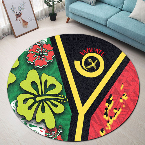 Australia  South Sea Islanders Round Rug - Vanuatu Flag With Habiscus Flowers Round Rug