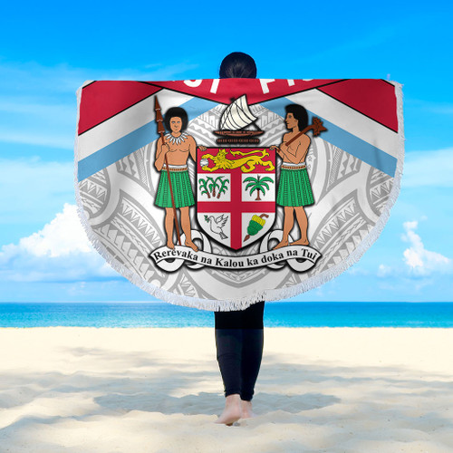 Australia South Sea Islanders Beach Blanket - Fiji In Fijian Tapa Pattern Coat Of Arms Symbol Beach Blanket Australia South Sea Islanders Beach Blanket - Fiji In Fijian Tapa Pattern Coat Of Arms Symbol Beach Blanket