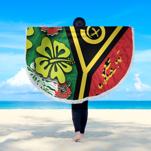 Australia  South Sea Islanders Beach Blanket - Vanuatu Flag With Habiscus Flowers Beach Blanket Australia  South Sea Islanders Beach Blanket - Vanuatu Flag With Habiscus Flowers Beach Blanket