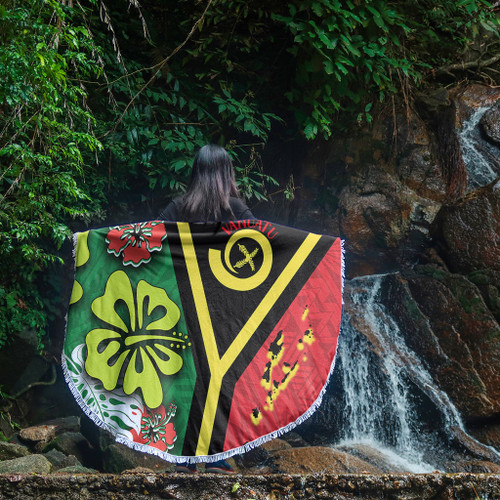 Australia  South Sea Islanders Beach Blanket - Vanuatu Flag With Habiscus Flowers Beach Blanket Australia  South Sea Islanders Beach Blanket - Vanuatu Flag With Habiscus Flowers Beach Blanket