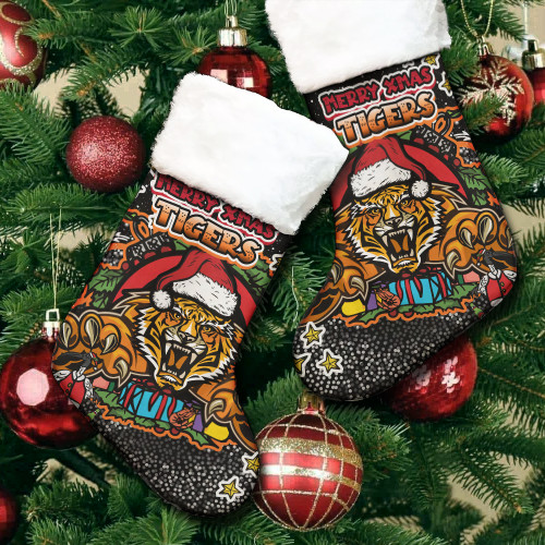 Wests Tigers Christmas Stocking - Merry Christmas Our Beloved Team With Aboriginal Dot Art Pattern Wests Tigers Christmas Stocking - Merry Christmas Our Beloved Team With Aboriginal Dot Art Pattern