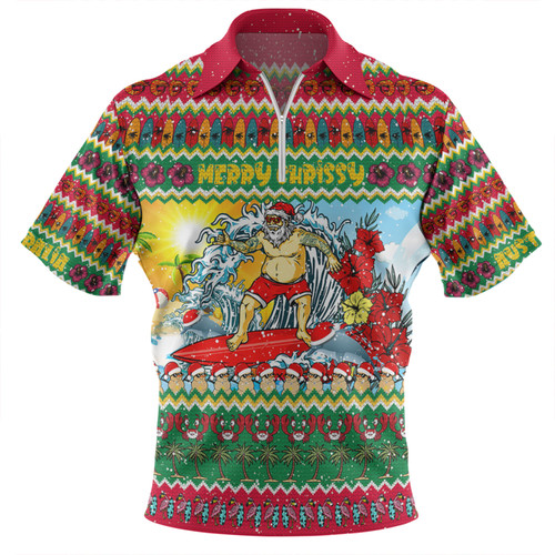 Australia Christmas Custom Zip Polo Shirt - Surfing Santa Zip Polo Shirt Australia Christmas Custom Zip Polo Shirt - Surfing Santa Zip Polo Shirt