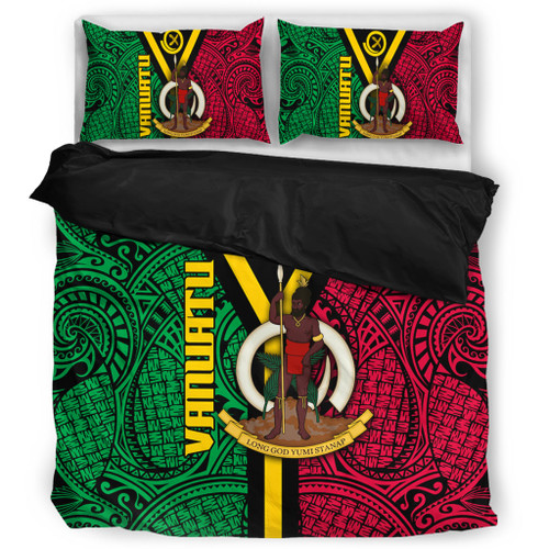 Australia South Sea Islanders Bedding Set - Vanuatu Polynesian Flag With Coat Of Arm Bedding Set Australia South Sea Islanders Bedding Set - Vanuatu Polynesian Flag With Coat Of Arm Bedding Set
