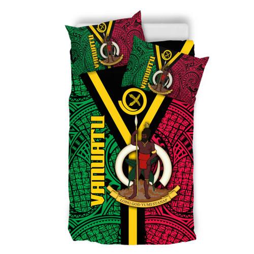 Australia South Sea Islanders Bedding Set - Vanuatu Polynesian Flag With Coat Of Arm Bedding Set Australia South Sea Islanders Bedding Set - Vanuatu Polynesian Flag With Coat Of Arm Bedding Set