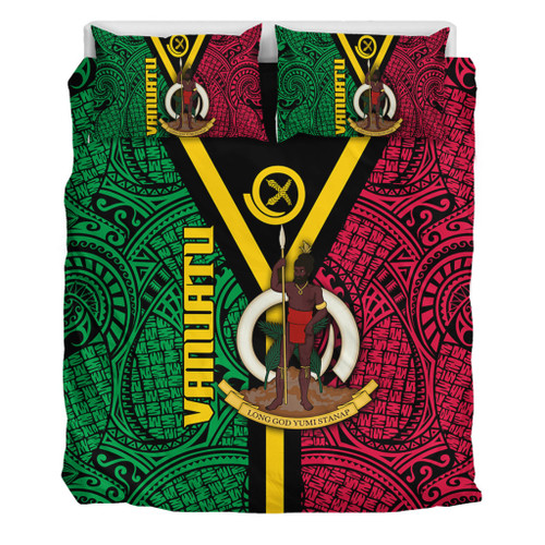 Australia South Sea Islanders Bedding Set - Vanuatu Polynesian Flag With Coat Of Arm Bedding Set Australia South Sea Islanders Bedding Set - Vanuatu Polynesian Flag With Coat Of Arm Bedding Set