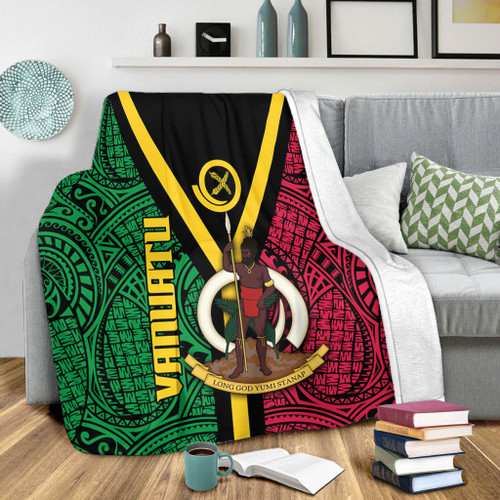 Australia South Sea Islanders Blanket - Vanuatu Polynesian Flag With Coat Of Arm Blanket Australia South Sea Islanders Blanket - Vanuatu Polynesian Flag With Coat Of Arm Blanket