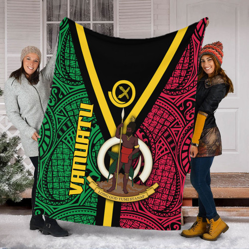 Australia South Sea Islanders Blanket - Vanuatu Polynesian Flag With Coat Of Arm Blanket Australia South Sea Islanders Blanket - Vanuatu Polynesian Flag With Coat Of Arm Blanket