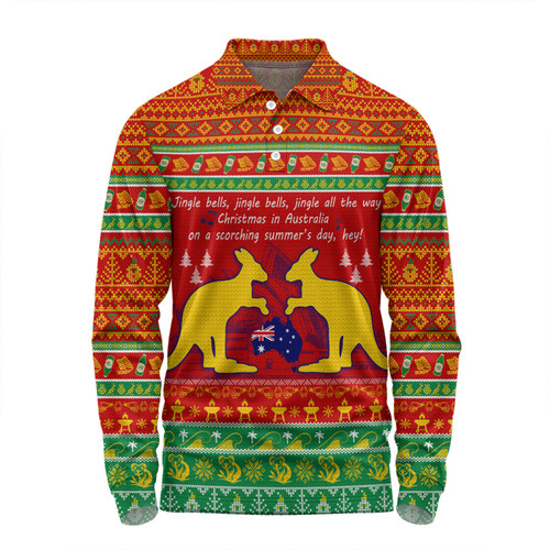 Australian Christmas Carol Christmas Long Sleeve Polo Shirt - Jingle Bells Ugly Style V2 Long Sleeve Polo Shirt