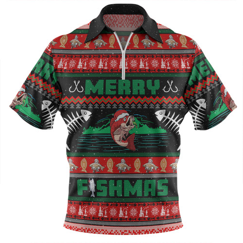 Australia Christmas Fishing Custom Zip Polo Shirt - Merry Ugly Fishmas Zip Polo Shirt