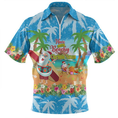 Australia Christmas Custom Zip Polo Shirt - Have A Very Beachy Chrissie Xmas Zip Polo Shirt