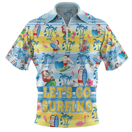 Australia Surfing Christmas Zip Polo Shirt - Tropical Santa Let's Go Surfing Zip Polo Shirt