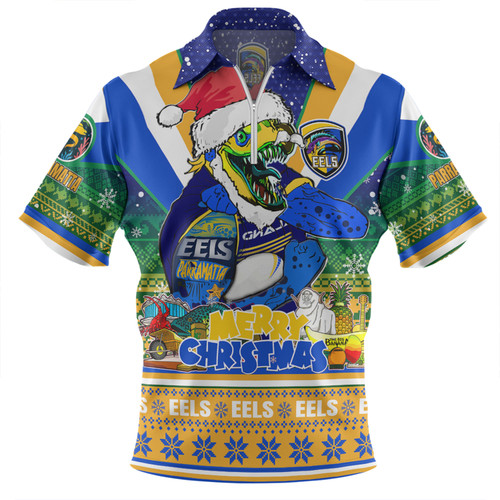 Parramatta Eels Christmas Custom Zip Polo Shirt - Parramatta Eels Santa Aussie Big Things Christmas Zip Polo Shirt