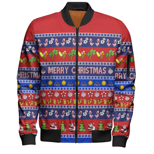Australia Christmas Custom Bomber Jacket - Aussie Christmas Flamingo Summer Vibes Blue Bomber Jacket Australia Christmas Custom Bomber Jacket - Aussie Christmas Flamingo Summer Vibes Blue Bomber Jacket