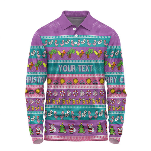 Australia Christmas Custom Long Sleeve Polo Shirt - Aussie Christmas Flamingo Summer Vibes Purple Long Sleeve Polo Shirt