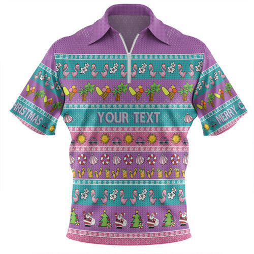 Australia Christmas Custom Zip Polo Shirt - Aussie Christmas Flamingo Summer Vibes Purple Zip Polo Shirt