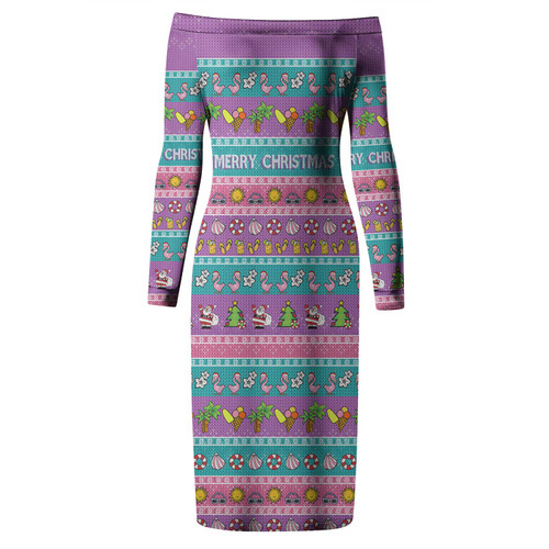 Australia Christmas Long Sleeve Off Shoulder Lady Dress - Aussie Christmas Flamingo Summer Vibes Purple Dress