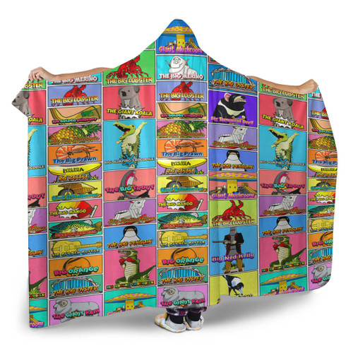 Australia Hooded Blanket - Australia's Iconic Big Things Postage Stamps Style Hooded Blanket Australia Hooded Blanket - Australia's Iconic Big Things Postage Stamps Style Hooded Blanket