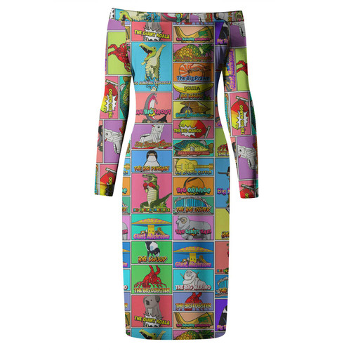 Australia Long Sleeve Off Shoulder Lady Dress - Australia's Iconic Big Things Postage Stamps Style Dress Australia Long Sleeve Off Shoulder Lady Dress - Australia's Iconic Big Things Postage Stamps Style Dress